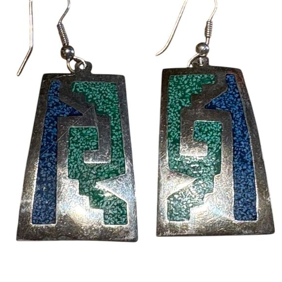 Alpaca Mexico Jewelry - Vintage Alpaca Mexico Dangle Earrings Crushed Turquoise Inlay Silver